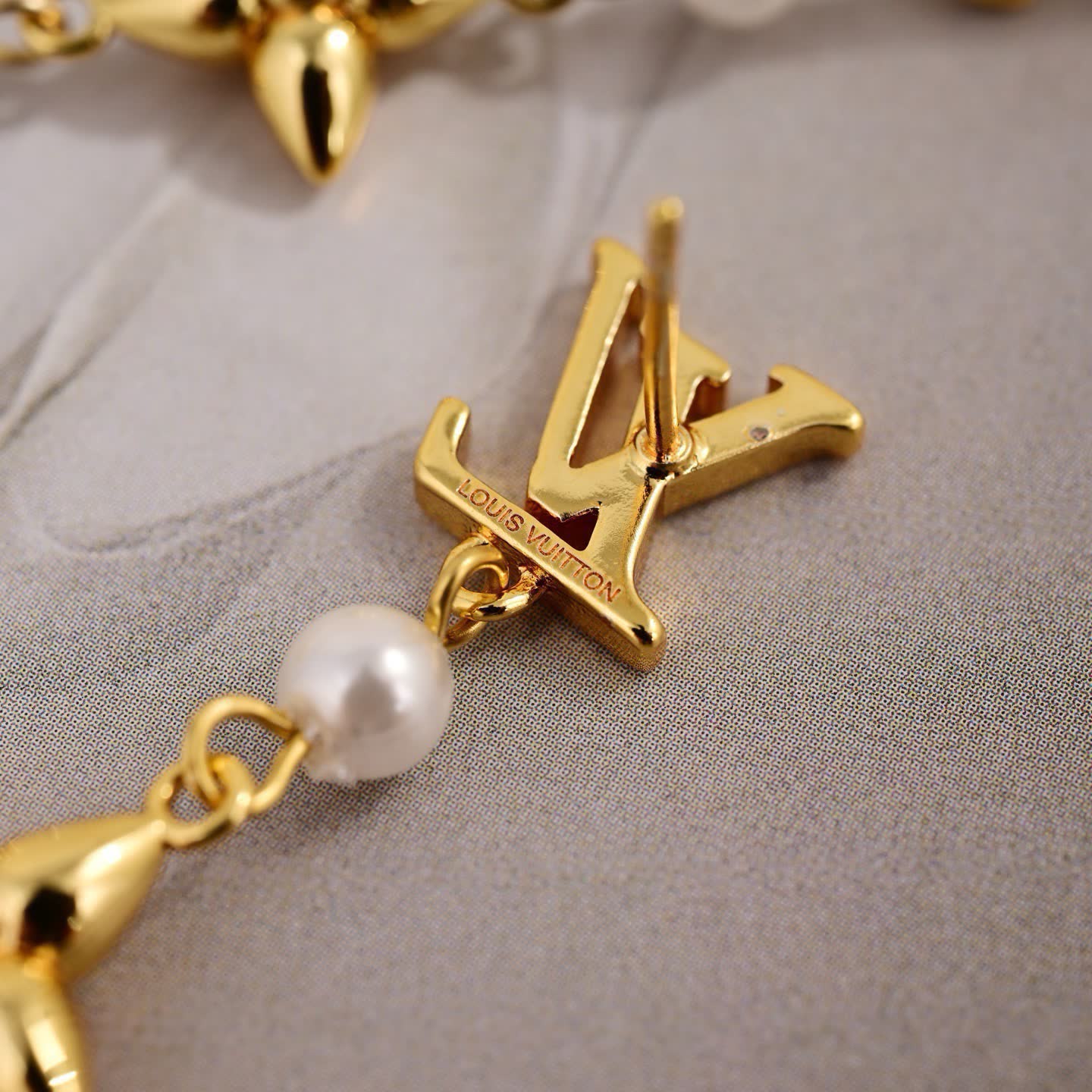 Louis Vuitton Gold Letter and Flower Tree Pearl Earrings